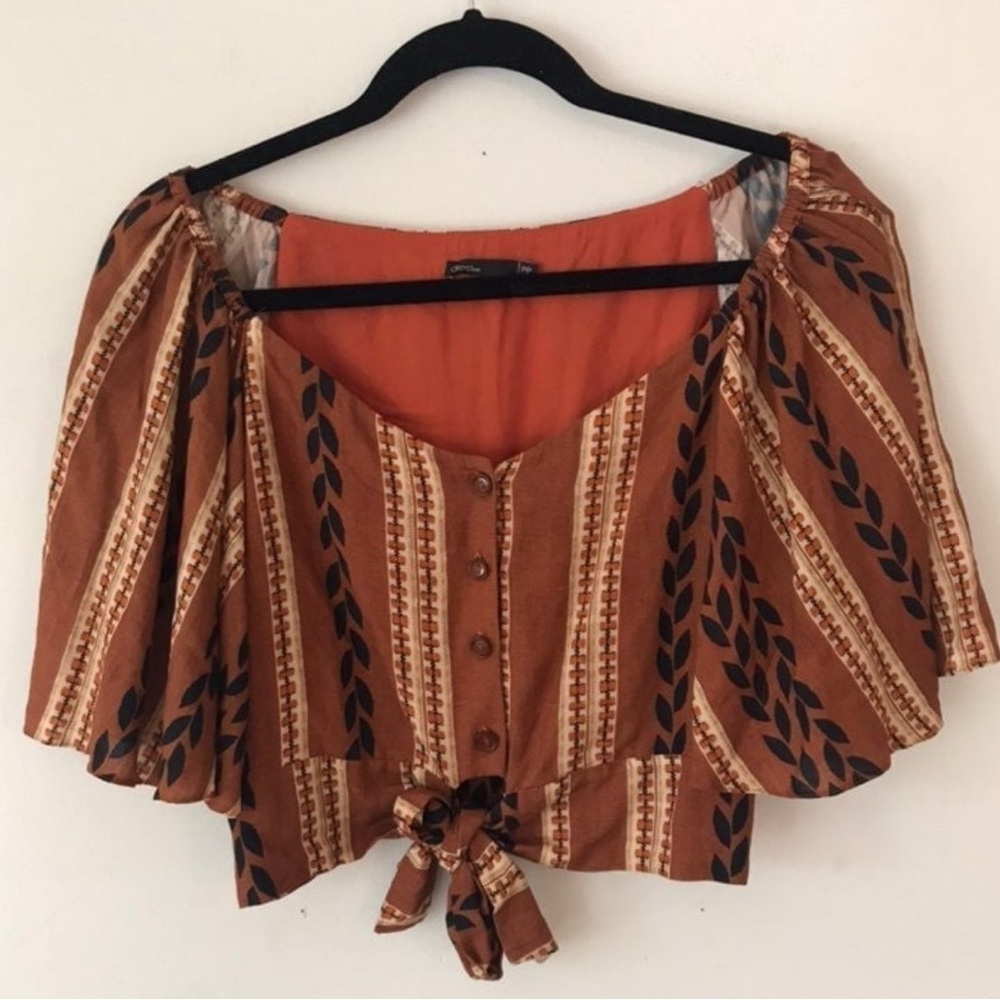 Orange Crop Blouse with Tie Front and Short Sleeves